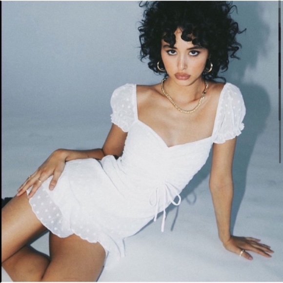 Princess Polly Mikail White Swiss Dot Puff Sleeve Sweetheart Neckline Mini Dress - Picture 3 of 12